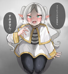 Rule 34 | 1girl, absurdres, black pantyhose, capelet, earrings, frieren, green eyes, grey hair, highres, jewelry, long hair, long sleeves, mac (pixiv31869137), open mouth, pantyhose, penis awe, penis shadow, pointy ears, seiza, shirt, sitting, skirt, solo, sousou no frieren, speech bubble, striped clothes, striped shirt, translation request, twintails, white capelet, white skirt, wide sleeves
