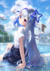 Rule 34 | 1girl, absurdres, amane kanata, angel wings, black skirt, blue hair, blue sky, building, chain-link fence, closed mouth, collared shirt, commentary request, day, eshineko, feathered wings, fence, hair between eyes, hair intakes, hair ornament, hairclip, highres, hololive, long hair, looking at viewer, looking back, mini wings, multicolored hair, outdoors, plaid, plaid skirt, pleated skirt, pool, red eyes, shirt, short sleeves, silver hair, skirt, sky, smile, solo, two-tone hair, two side up, very long hair, virtual youtuber, water, white shirt, white wings, wings