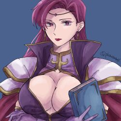 Rule 34 | 1girl, armor, blue background, book, breasts, brunnya (fire emblem), cleavage, cleavage cutout, clothing cutout, earrings, female focus, fire emblem, fire emblem: the binding blade, gloves, highres, holding, holding book, jewelry, large breasts, lips, lipstick, long hair, makeup, nintendo, pauldrons, pikanomomo  , pink eyes, pink hair, purple eyes, purple hair, shoulder armor, signature, tagme