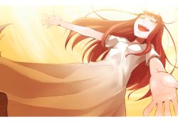 Rule 34 | 1girl, :d, absurdres, animal ears, ayakura juu, brown hair, closed eyes, dress, fangs, foreshortening, highres, holo, long hair, open mouth, outstretched arms, outstretched hand, scan, smile, solo, spice and wolf, tail, white dress, wolf ears, wolf tail