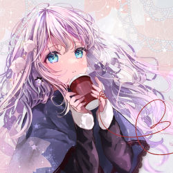 Rule 34 | 1girl, blue capelet, blue eyes, blush, capelet, commentary, cup, disposable cup, earrings, english commentary, floating hair, fur-trimmed sleeves, fur trim, grey hair, hair ornament, hands up, heart, heart of string, highres, holding, holding cup, jewelry, lace trim, long hair, long sleeves, looking away, necklace, original, parted lips, pearl necklace, puracotte, red ribbon, ribbon, solo, string, string around finger, string of fate, upper body, winter