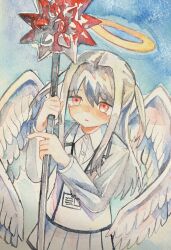 Rule 34 | 1girl, angel, angel wings, blood, bloody weapon, blue background, closed mouth, cowboy shot, dot nose, halo, highres, holding, holding weapon, id card, leaning on object, leaning on weapon, long hair, long sleeves, mace, multiple wings, original, painting (medium), pleated skirt, polearm, red eyes, red pupils, sajou denryoku, seraph, shirt, sidelocks, skirt, solo, spiked mace, spikes, tearing up, traditional media, two side up, vest, watercolor (medium), weapon, white hair, white shirt, white skirt, white vest, white wings, wings, yellow halo