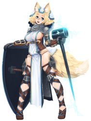 Rule 34 | 1girl, :3, :d, animal ears, ankle lace-up, armor, barbariank, blonde hair, blue eyes, breasts, chainmail, corset, cross-laced footwear, fox ears, fox tail, full body, gauntlets, gloves, highres, hood, large breasts, lightning, lightning bolt symbol, looking at viewer, open mouth, original, pelvic curtain, pigeon-toed, shield, short hair, side slit, sideboob, smile, solo, tail, thick eyebrows, thighs, transparent background, warhammer, weapon