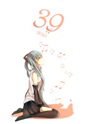 Rule 34 | 10s, 1girl, 39, 2013, absurdres, aqua eyes, aqua hair, dated, detached sleeves, haru (haru2079), hatsune miku, highres, long hair, musical note, simple background, sitting, skirt, solo, thighhighs, twintails, vocaloid, wariza, white background