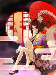 Rule 34 | animal ears, autumn leaves, ayasa, black footwear, breasts, brown hair, colored eyelashes, commentary request, fox ears, fox girl, fox tail, full body, highres, japanese clothes, kimono, looking at viewer, medium breasts, obi, oil-paper umbrella, open mouth, orange sash, original, purple kimono, red eyes, red umbrella, sandals, sash, short eyebrows, sitting, solo, tail, umbrella, zouri