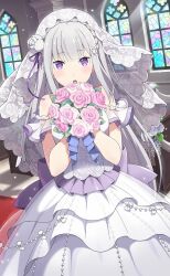 Rule 34 | 1girl, bare shoulders, blush, dress, emilia (re:zero), flower, grey hair, hair flower, hair ornament, highres, holding, long hair, looking at viewer, official art, open mouth, pointy ears, re:zero kara hajimeru isekai seikatsu, re:zero kara hajimeru isekai seikatsu: lost in memories, ribbon, sleeveless, solo, white dress, white flower, white hair, x hair ornament