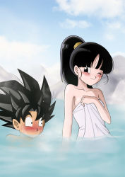 Rule 34 | 10s, 1boy, 1girl, bath, beat (dragon ball), black eyes, black hair, blue sky, blush, boulder, breasts, closed mouth, cloud, collarbone, couple, dragon ball, dragon ball heroes, embarrassed, hair tie, happy, high ponytail, holding, holding towel, in water, karoine, long hair, looking at another, looking back, matching hair/eyes, medium breasts, mixed-sex bathing, naked towel, note (dragon ball), nude, one eye closed, onsen, outdoors, partially submerged, ponytail, rock, saiyan, shared bathing, short hair, sitting, sky, smile, spiked hair, standing, steam, towel, water, wet, wide-eyed