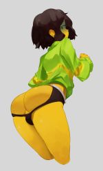 Rule 34 | 1boy, anus, anus peek, ass, black hair, bob cut, brown hair, bulge, clothing cutout, colored skin, deltarune, from behind, from below, grey background, highres, krid, kris (deltarune), long sleeves, looking at viewer, looking to the side, male focus, mob face, multicolored hair, revealing clothes, shadow, short hair, simple background, solo, solo focus, streaked hair, striped clothes, striped sweater, sweater, tagme, thighs, trap, turtleneck, underwear, yellow skin
