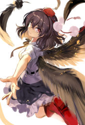 Rule 34 | 1girl, black ribbon, black skirt, black wings, breasts, commentary, feathered wings, feathers, from behind, fuepo, hat, highres, looking back, medium breasts, miniskirt, neck ribbon, petticoat, pom pom (clothes), puffy short sleeves, puffy sleeves, red footwear, ribbon, shameimaru aya, shirt, shoes, short sleeves, simple background, skirt, solo, tokin hat, touhou, white background, white shirt, wings