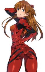 Rule 34 | 1girl, adjusting hair, ass, blue eyes, blush, bodysuit, breasts, brown hair, cameltoe, em (totsuzen no hakike), hair ornament, hairpods, hand on own hip, interface headset, long hair, looking at viewer, looking back, medium breasts, neon genesis evangelion, pilot suit, plugsuit, red bodysuit, seductive smile, shiny clothes, simple background, skin tight, smile, solo, souryuu asuka langley, very long hair, white background