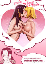 Rule 34 | 2girls, black hair, blush, boa hancock, breast press, breasts, closed eyes, clothes, completely nude, ear piercing, earrings, english text, female focus, heart, highres, huge breasts, imagining, jewelry, joylewds, kiss, large breasts, looking at viewer, marguerite (one piece), multiple girls, nude, one piece, open mouth, piercing, speech bubble, yuri