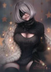 Rule 34 | 1girl, 2b (nier:automata), arkuny, artist name, black blindfold, black capelet, black gloves, black hairband, black sweater, black thighhighs, blindfold, breasts, cape, capelet, cleavage, cleavage cutout, clothing cutout, commentary, covered eyes, facing viewer, fur cape, gloves, hairband, head tilt, large breasts, lips, lipstick, long sleeves, makeup, nier:automata, nier (series), nose, patreon username, pulled by self, red lips, seiza, short hair, silver hair, sitting, smile, solo, sweater, teeth, thighhighs, thighhighs pull, turtleneck, turtleneck sweater