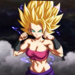 Rule 34 | 1girl, absurdres, bare shoulders, biceps, blonde hair, blue eyes, breasts, caulifla, cleavage, collarbone, dragon ball, dragon ball super, gusceps, highres, large breasts, looking at viewer, navel, pants, pink tube top, purple pants, smile, spiked hair, stomach, strapless, super saiyan, super saiyan 2, toned, toned female, tube top