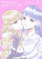 Rule 34 | 2girls, absurdres, arm around neck, blue eyes, blue hair, collared shirt, commentary request, dated, earrings, hand on another&#039;s shoulder, highres, jewelry, kiss, kissing cheek, light brown hair, long hair, long sleeves, looking at viewer, multiple girls, original, parted lips, pink background, purple eyes, purple shirt, shirt, simple background, smile, translation request, twitter username, wavy hair, white shirt, yuri, yuri kyanon