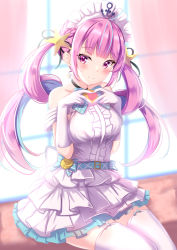 Rule 34 | 1girl, ahoge, bare shoulders, belt, bow, bowtie, choker, colored inner hair, curtains, dress, finger heart, frilled dress, frills, gloves, hair ornament, headdress, highres, hololive, long hair, looking at viewer, minato aqua, multicolored hair, purple eyes, purple hair, sitting, sleeveless, sleeveless dress, solo, streaked hair, thighhighs, twintails, two-tone hair, virtual youtuber, white dress, white gloves, white thighhighs, window, yuano, zettai ryouiki