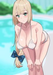 Rule 34 | 1girl, absurdres, bare shoulders, bikini, blonde hair, blue bow, blunt bangs, blurry, blurry background, blush, bow, breasts, cleavage, commentary request, fffukuzawa, green eyes, hair bow, halterneck, hands on own knees, hanging breasts, heart, heart in eye, highres, knees up, large breasts, leaning forward, long hair, looking at viewer, original, outdoors, solo, swimsuit, symbol in eye, thighs, very long hair, white background