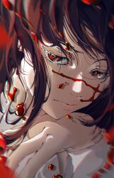 Rule 34 | 1girl, absurdres, big chunger, blood drop, blurry, brown hair, chainsaw man, chromatic aberration, depth of field, eyelashes, head on hand, highres, red eyes, scar, scar on face, solo, solo focus, yoru (chainsaw man)