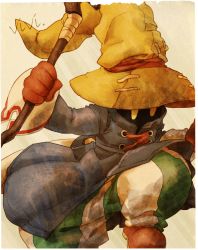 Rule 34 | 00s, 1boy, black mage (final fantasy), boots, final fantasy, final fantasy ix, hat, highres, male focus, nogo, pants, solo, staff, striped clothes, striped pants, vivi ornitier, yellow eyes