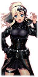 Rule 34 | :d, akatsuki akatsuki, aura, belt, black jacket, black skirt, blonde hair, breasts, hair ornament, hand on own hip, hand up, highres, jacket, jewelry, large breasts, long hair, looking at viewer, necro suicide mission, official art, open mouth, pouch, ribbed shirt, ring, shirt, skirt, smile, solo, standing, tan, thigh strap, transparent background