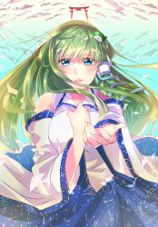 Rule 34 | 1girl, artist name, bare shoulders, blue eyes, blue skirt, breasts, clenched hand, cloud, commentary request, dated, detached sleeves, diffraction spikes, female focus, frog hair ornament, gradient background, green hair, hair between eyes, hair ornament, hair tubes, hand on own chest, harunonanashiki, highres, kochiya sanae, long hair, looking at viewer, medium breasts, open hand, parted lips, petals, reaching, reaching towards viewer, skirt, snake hair ornament, solo, sun, torii, touhou, upper body, very long hair, vest, white vest