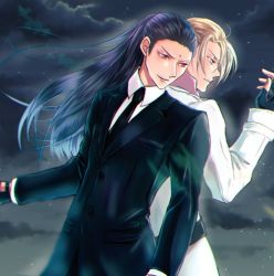 Rule 34 | 2boys, artist request, back-to-back, belt, bindi, black gloves, black hair, black neckwear, black suit, blonde hair, blue eyes, cloud, collar, final fantasy, final fantasy vii, final fantasy vii remake, fingerless gloves, floating hair, formal, gloves, hand up, long hair, looking to the side, male focus, multiple boys, necktie, night, night sky, outdoors, ponco pacoooon, red eyes, rufus shinra, shiny clothes, shiny skin, shirt, short hair, sky, smile, square enix, star (sky), starry sky, suit, tseng, turks (ff7), white shirt, white suit, wing collar