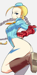 Rule 34 | 1990s (style), 1girl, ass, beret, blonde hair, blue eyes, blue leotard, boots, braid, breasts, cammy white, capcom, chan co, female focus, garrison cap, hat, highres, legs, leotard, long hair, long image, retro artstyle, scar, simple background, solo, street fighter, street fighter zero (series), tall image, twin braids