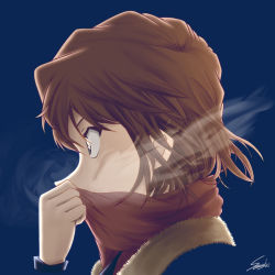 Rule 34 | 1girl, blue background, blue eyes, brown hair, from side, haibara ai, highres, long sleeves, meitantei conan, portrait, profile, red scarf, scarf, scarf over mouth, short hair, signature, simple background, solo, sooma4869