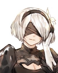 Rule 34 | 1girl, black blindfold, black hairband, blindfold, breasts, cleavage, covered eyes, feather-trimmed sleeves, hairband, hand in own hair, lunar tear, mole, mole under mouth, nier (series), nier:automata, smile, solo, wu ye bifang, 2b (nier:automata)