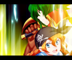 Rule 34 | 2girls, anne &amp; mary (p&amp;d), bad id, bad pixiv id, bandana, blue eyes, braid, brown gloves, dress, from side, gloves, green dress, green eyes, holding, holding weapon, letterboxed, long hair, multiple girls, open mouth, orange hair, over shoulder, puzzle &amp; dragons, sailor collar, short hair, skull, skull and crossbones, smile, sword, teeth, twin braids, twintails, weapon, weapon over shoulder, yamanashi taiki