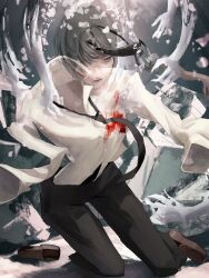 Rule 34 | 1girl, 1other, absurdres, ao desu2222, black hair, black necktie, black pants, blood, blood on clothes, chainsaw man, collared shirt, disembodied hand, eyepatch, unworn eyepatch, fading, ghost devil (chainsaw man), hair over one eye, highres, himeno (chainsaw man), kneeling, necktie, no arms, open mouth, pale skin, pants, shirt, short hair, solo focus, spoilers, undressing another, white shirt