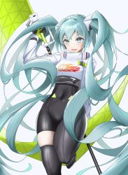 Rule 34 | 1girl, absurdly long hair, absurdres, aqua eyes, aqua hair, arm behind back, asymmetrical bodysuit, black bodysuit, bodysuit, covered navel, crop top, crop top overhang, cropped jacket, eyebrows hidden by hair, flag, flagpole, flame print, goodsmile racing, hatsune miku, highres, holding, holding flag, holding pole, long hair, looking at viewer, mouseking (wsjg8378), navel, pole, racing miku, racing miku (2022), single thighhigh, skindentation, smiley face, solo, thighhighs, two-tone gloves, very long hair, vocaloid
