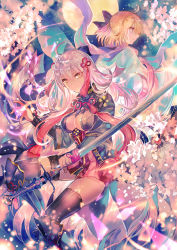 Rule 34 | 2girls, ahoge, black bow, black legwear, blonde hair, boots, bow, breasts, cherry blossoms, closed mouth, commentary request, dual persona, fate/grand order, fate (series), full moon, hair bow, hair ornament, haori, highres, holding, holding sword, holding weapon, japanese clothes, katana, large breasts, long sleeves, looking at viewer, moon, multiple girls, okita souji (fate), okita souji (koha-ace), okita souji alter (fate), orange eyes, pink hair, rioka (southern blue sky), short hair, sword, thighhighs, weapon