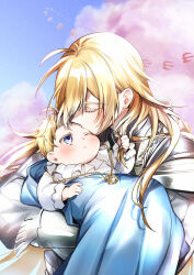 Rule 34 | 2boys, :o, armor, baby, blanket, blonde hair, blue eyes, blue sky, blush, closed eyes, colored eyelashes, family, gauntlets, grey shirt, hair between eyes, holding another&#039;s hair, holding baby, jewelry, kiss, kissing forehead, knight of the dawn (twisted wonderland), long hair, long sleeves, looking at another, male focus, multiple boys, necklace, one eye closed, parted lips, pink clouds, ring, ring necklace, shirt, short hair, shoulder armor, silver (twisted wonderland), simple bird, sky, spoilers, tobidayooon, twisted wonderland, u u, white shirt