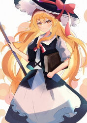 Rule 34 | 1girl, absurdres, black hat, black skirt, black vest, blonde hair, book, bow, broom, chirihouki, closed mouth, hat, hat bow, highres, kirisame marisa, long hair, looking at viewer, red bow, short sleeves, simple background, skirt, smile, solo, touhou, vest, white background, witch hat, yellow eyes