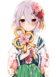 Rule 34 | 1girl, blush, braid, eyebrows hidden by hair, floral print, flower, hair between eyes, hair flower, hair ornament, hase neet, japanese clothes, kokkoro (new year) (princess connect!), kokkoro (princess connect!), looking at viewer, miko, pointy ears, princess connect!, red eyes, ribbon-trimmed sleeves, ribbon trim, short hair, silver hair, simple background, sitting, solo, white background, wide sleeves