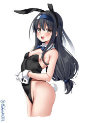 Rule 34 | 1girl, bare shoulders, black hair, black leotard, blue bow, blue bowtie, blue headband, blush, bow, bowtie, breasts, brown eyes, commentary request, cropped legs, detached collar, ebifurya, from side, gloves, hatsushimo (kancolle), hatsushimo kai ni (kancolle), headband, highres, kantai collection, leotard, long hair, looking at viewer, one-hour drawing challenge, open mouth, playboy bunny, rabbit tail, simple background, small breasts, smile, solo, strapless, strapless leotard, tail, teeth, thighs, twitter username, upper teeth only, white background, white gloves