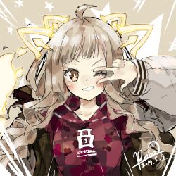 Rule 34 | 1girl, blush, contemporary, copyright name, dated, grin, hood, hood down, hoodie, jacket, long hair, looking at viewer, one eye closed, red hoodie, red riding hood (sinoalice), rozea (graphmelt), signature, sinoalice, sketch, smile, solo, upper body, v, yellow eyes
