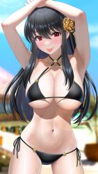 Rule 34 | 1girl, :p, armpits, arms up, beach, bikini, black bikini, black hair, blurry, blurry background, blush, breasts, choker, cleavage, contrapposto, cowboy shot, day, depth of field, eyebrows hidden by hair, hair between eyes, hair ornament, halterneck, highres, houriigurei, large breasts, long hair, looking at viewer, navel, o-ring, outdoors, red eyes, side-tie bikini bottom, solo, spy x family, stomach, string bikini, swimsuit, tongue, tongue out, yor briar