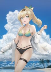 Rule 34 | 1girl, :d, absurdres, beach, bikini, black bikini, blonde hair, blue sky, breasts, cloud, collarbone, crossed bangs, gradient bikini, green eyes, hair ornament, hand up, highres, hololive, kazama iroha, leaf hair ornament, long hair, long sleeves, looking at viewer, m2013sachi, multicolored bikini, multicolored clothes, navel, off shoulder, open mouth, outdoors, ponytail, shirt, sky, small breasts, smile, solo, swimsuit, thigh strap, virtual youtuber, white shirt