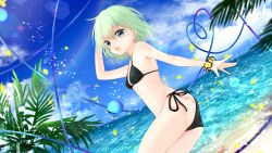 Rule 34 | 1girl, :d, absurdres, arm up, ass, bare arms, bare shoulders, bikini, bikini under clothes, black bikini, blue eyes, blue sky, breasts, cloud, cowboy shot, day, green hair, hair between eyes, heart, heart of string, highres, komeiji koishi, lens flare, light particles, looking at viewer, nekohashi, no headwear, ocean, open mouth, outdoors, palm tree, petals, scrunchie, short hair, side-tie bikini bottom, sky, small breasts, smile, solo, swimsuit, thighs, touhou, tree, wrist scrunchie