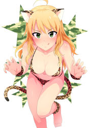 Rule 34 | 1girl, :q, animal ears, animal print, anklet, barefoot, blonde hair, blush, breasts, cleavage, feet, female focus, green eyes, highres, hoshii miki, idolmaster, idolmaster (classic), jewelry, large breasts, leopard ears, leopard print, leopard tail, long hair, looking at viewer, nail polish, navel, shiny skin, short hair, smile, solo, tail, thigh gap, tongue, tongue out, tsurui