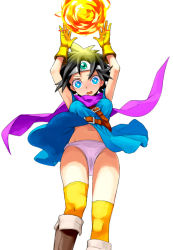 Rule 34 | 1girl, betuni, black hair, blue eyes, boots, breasts, cape, circlet, commentary request, dragon quest, dragon quest iii, fireball, gloves, groin, highres, looking at viewer, magic, open mouth, panties, pantyshot, roto (dq3), short hair, simple background, solo, standing, thighhighs, underwear, white background