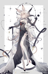 Rule 34 | 1girl, absurdres, animal ears, arknights, black dress, black footwear, black ribbon, blonde hair, border, breasts, commentary request, dorothy (arknights), dorothy (hand of destiny) (arknights), dress, full body, hand up, headpiece, high heels, highres, long sleeves, looking at viewer, medium breasts, mouse ears, mouse girl, mouse tail, official alternate costume, puffy sleeves, qianqianjie, ribbon, side slit, simple background, smile, solo, sparkle, tail, thighhighs, veil, weibo watermark, white background, white thighhighs, yellow eyes
