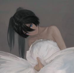 Rule 34 | 1girl, asymmetrical hair, bed sheet, black hair, black rock shooter, black rock shooter (character), blue eyes, closed mouth, collarbone, grey background, hair between eyes, highres, long hair, ly (pixiv13839236), naked sheet, simple background, solo, twintails, under covers