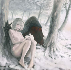 Rule 34 | 1girl, angel, barefoot, breasts, chiki (botugo), forest, grey eyes, grey theme, medium breasts, nature, nipples, nude, original, short hair, silver hair, snow, solo, wings