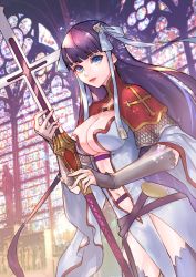 Rule 34 | 1girl, armor, blue eyes, breasts, capelet, chainmail, church, cleavage, commentary request, cross, dress, fate/grand order, fate (series), fingerless gloves, gloves, hair ribbon, holding, holding staff, large breasts, long hair, looking at viewer, martha (fate), navel, num (zombie headline), purple hair, red capelet, ribbon, solo, staff, stained glass, statue, thighhighs, very long hair, white dress, white ribbon