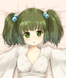 Rule 34 | 1girl, bad id, bad pixiv id, blush, breasts, child, covered erect nipples, female focus, green eyes, green hair, hair bobbles, hair ornament, kisume, looking at viewer, lying, matching hair/eyes, on back, short hair, small breasts, solo, touhou, twintails, urin