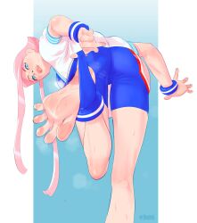 Rule 34 | 1girl, absurdres, ass, barefoot, bent over, blue eyes, capcom, feet, foot focus, from behind, highres, hime cut, hip vent, leg up, looking at viewer, looking back, manon legrand, pink hair, soles, spandex, spread toes, staerk, standing, standing on one leg, steam, steaming body, stirrup legwear, street fighter, street fighter 6, sweat, thick lips, toeless legwear, toes, whale tail (clothing), wristband