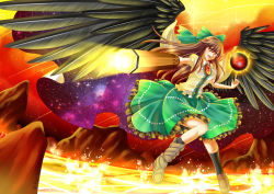 Rule 34 | 1girl, arm cannon, artist name, black hair, black wings, bow, breasts, cape, dress, female focus, hair bow, large breasts, long hair, lava, red eyes, reiuji utsuho, solo, starry sky print, touhou, villyane, weapon, wings