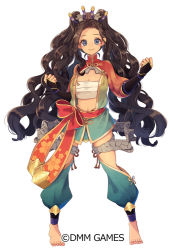 Rule 34 | 1girl, barefoot, black hair, blue eyes, breasts, bridal gauntlets, brown hair, cleavage, clenched hand, company name, feet, full body, hair ornament, long hair, midriff, nakijin (oshiro project), natuki miz, navel, official art, oshiro project:re, sarashi, sash, simple background, smile, standing, very long hair, wavy hair, white background
